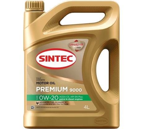 Синтетическое моторное масло Sintec premium 9000 sae 0w-20 api sn plus acea c5, 4 л 600135