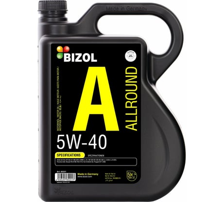 Моторное масло Bizol Allround НС-синтетическое, 5W-40, SN, A3/B4, 5 л 85221