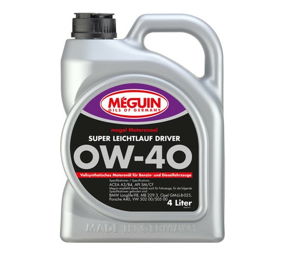 Синтетическое моторное масло MEGUIN Megol Motorenoel Super Leichtlauf Driver 0W-40 CF/SN A3/B4, 4л 9065