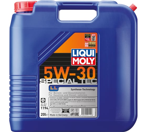 НС-синтетическое моторное масло LIQUI MOLY Special Tec LL 5W-30 CF/SL A3/B4 20 л 1194 1