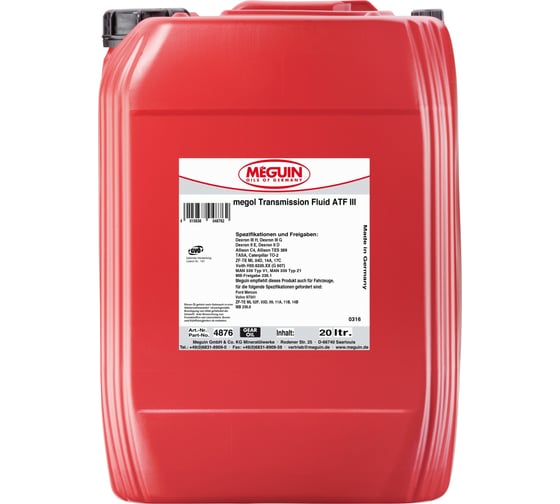 НС-синтетическое трансмиссионное масло MEGUIN для АКПП Megol Transmission Fluid ATF III 20 л 4876 1