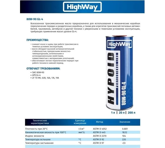 Трансмиссионное масло HighWay минеральное, 80W90, GL-4, 1 л 10062