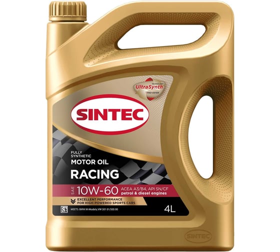 Моторное масло для гоночных и спортивных автомобилей Sintec racing SAE 10W-60, API SN/CF, ACEA A3/B4, синтетическое, 4 л 999843 1