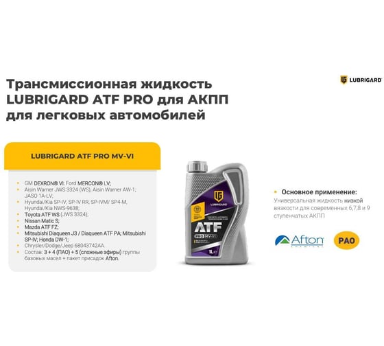 Трансмиссионное масло Lubrigard ATF MV-VI PRO LGPATFMVVITC12