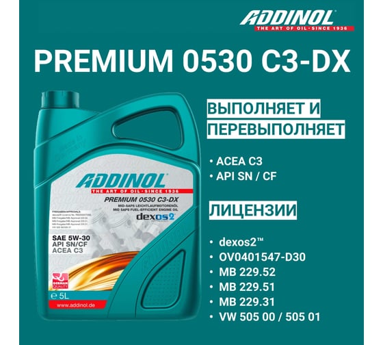 Моторное масло Addinol Premium 0530 C3-DX синтетическое, 5W-30, 5 л 72213181