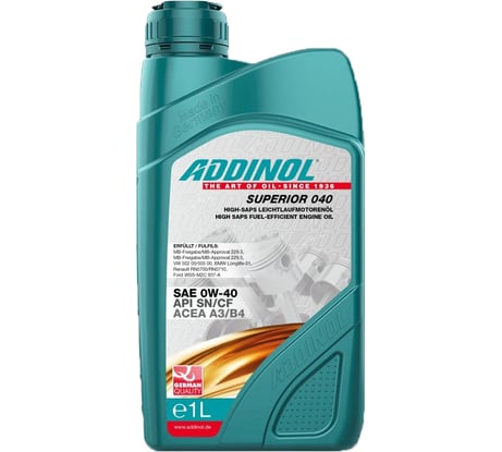 Моторное масло Addinol Superior 040 синтетическое, 0W-40, 1 л 72097907