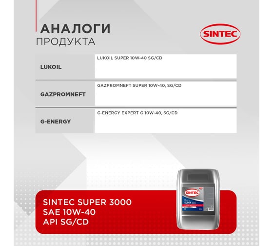 Моторное масло Sintec SUPER 3000 SAE 10W-40, API SG/CD, 20 л 600241