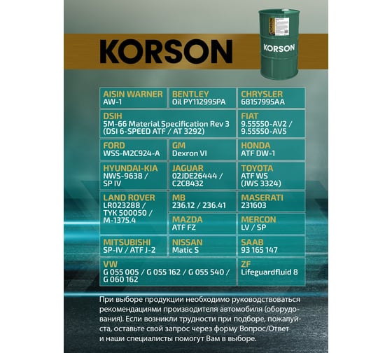 Трансмиссионная жидкость Korson ATF VI синтетическая, 60 л KS00125