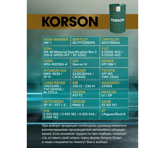 Трансмиссионная жидкость Korson ATF VI синтетическая, 200 л KS00126