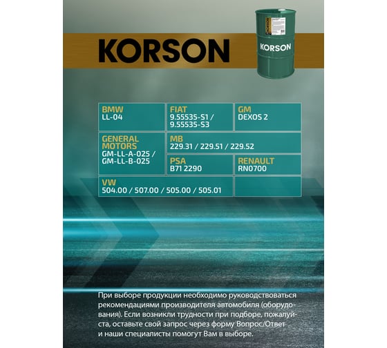 Моторное масло KORSON 5W-30 синтетическое, 60 л KS00105