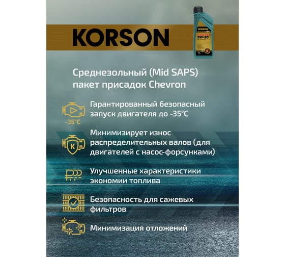 Моторное масло KORSON 5W-30 синтетическое, 1 л KS00101