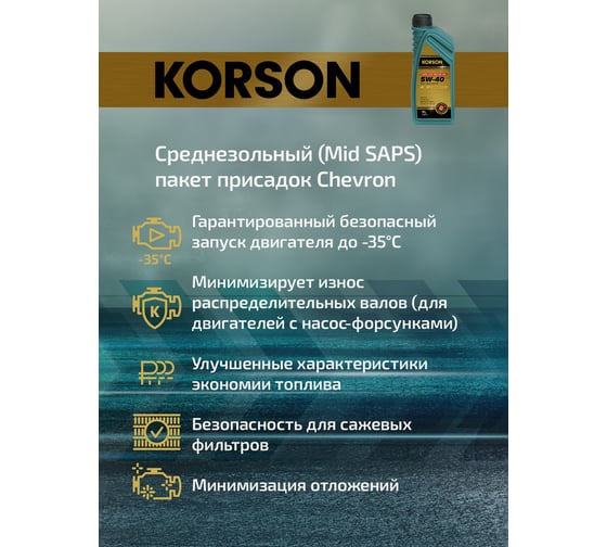 Моторное масло KORSON 5W-40, синтетическое, 1 л KS00111