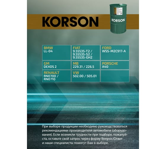 Моторное масло KORSON 5W-40, синтетическое, 60 л KS00115