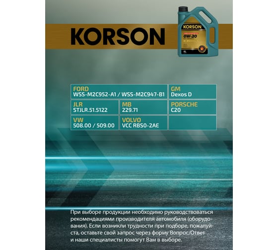 Моторное масло KORSON 0W-20, синтетическое, 4 л KS00192