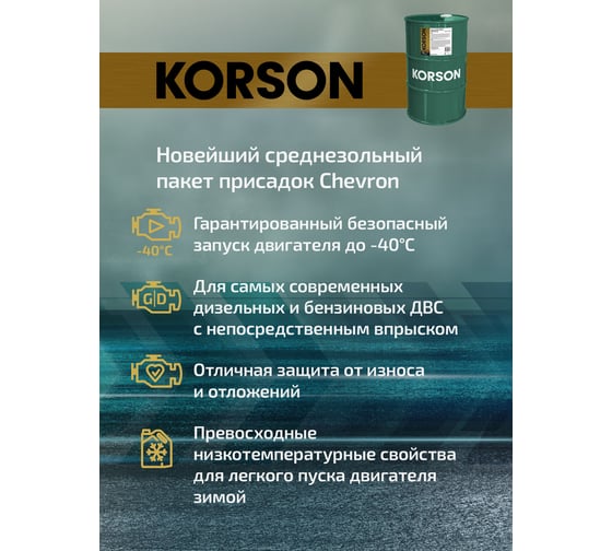 Моторное масло KORSON 0W-20, синтетическое, 60 л KS00195