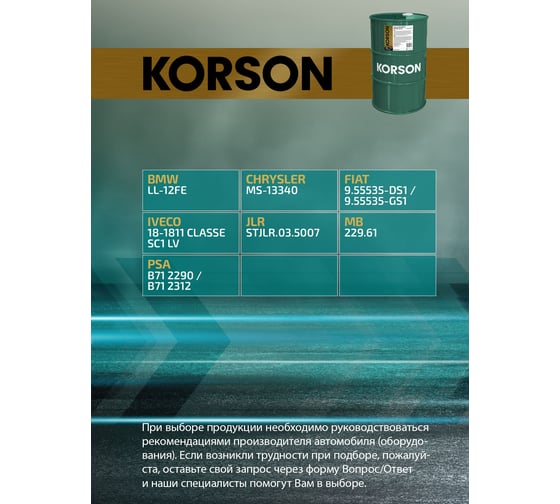 Моторное масло KORSON 0W-30 синтетическое, 60 л KS00215