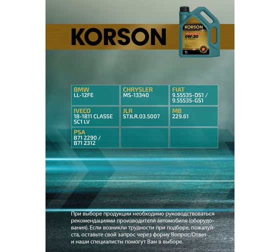 Моторное масло KORSON 0W-30 синтетическое, 4 л KS00212