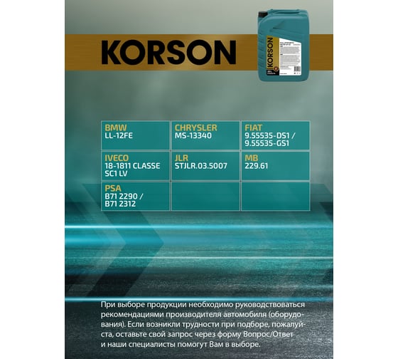 Моторное масло KORSON 0W-30, синтетическое, 20 л KS00214