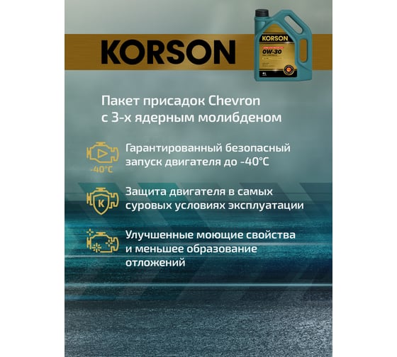 Моторное масло KORSON 0W-30 синтетическое, 4 л KS00222
