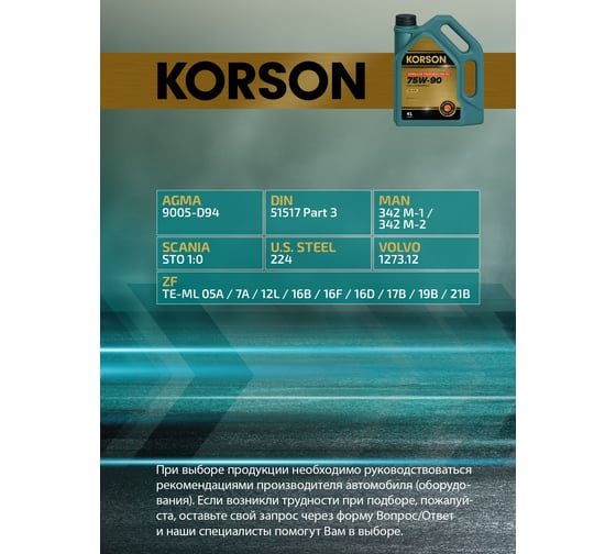 Трансмиссионное масло KORSON 75W-90, синтетическое, 4 л KS00032