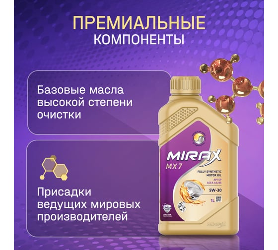 Моторное масло MIRAX mx7 синтетическое, SAE 5W-30, ACEA A5/B5, API SP, 1 л 607034