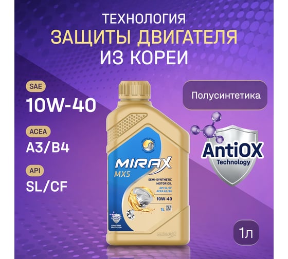 Моторное масло MIRAX полусинтетическое MX5 SAE 10W-40 ACEA A3/B4 API 607022