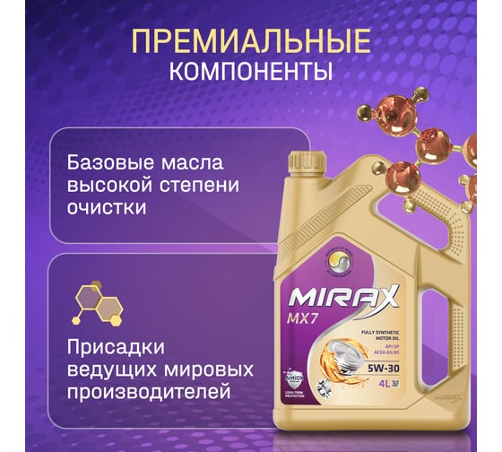 Моторное масло MIRAX mx7 синтетическое, SAE 5W-30, ACEA, A5/B5 API SP, 4 л 607035