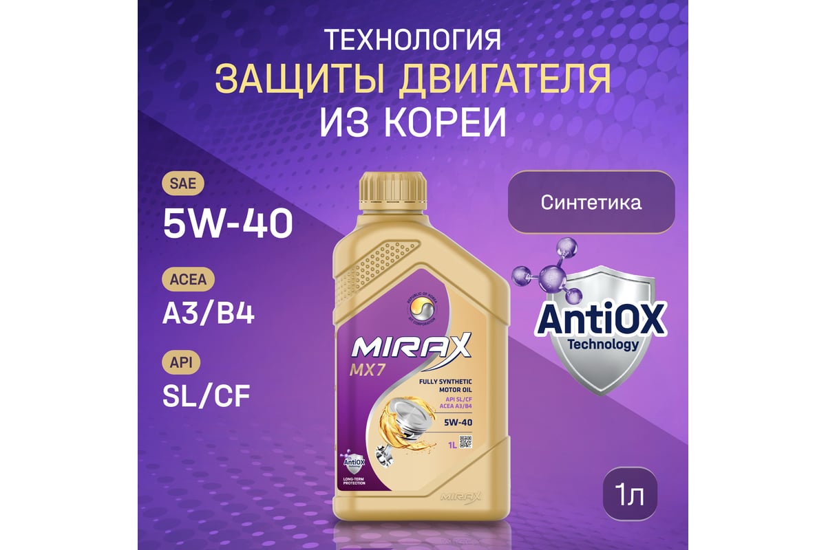 Моторное масло MIRAX синтетическое MX7 SAE 5W-40 ACEA A3/B4 API SL/S 607024  - выгодная цена, отзывы, характеристики, фото - купить в Москве и РФ