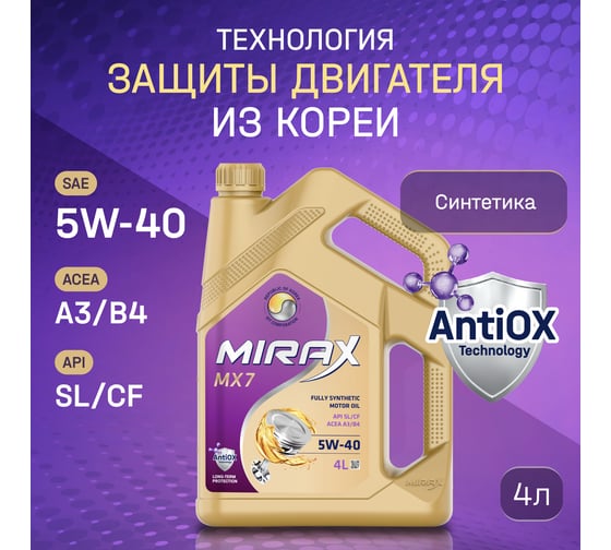 Моторное масло MIRAX синтетическое MX7 SAE 5W-40 ACEA A3/B4 API SL/S 607025