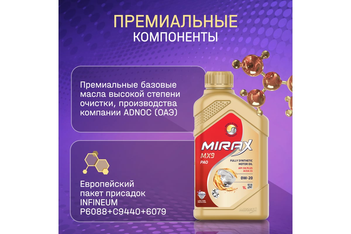 Моторное масло MIRAX mx9 синтетическое, SAE 0W-20, ACEA C5, API SN plus  607036 - выгодная цена, отзывы, характеристики, фото - купить в Москве и РФ