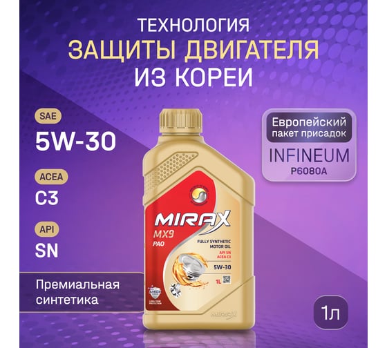 Моторное масло MIRAX синтетическое MX9 SAE 5W-30 ACEA C3 API SN 1л 60 607032