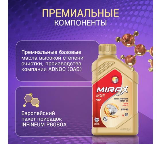 Моторное масло MIRAX синтетическое MX9 SAE 5W-30 ACEA C3 API SN 1л 60 607032