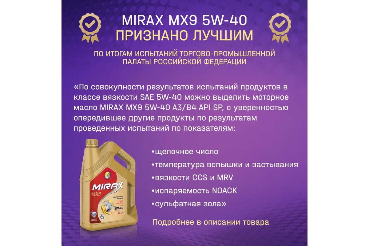 Моторное масло MIRAX синтетическое MX9 SAE 5W-30 ACEA C3 API SN 4л 60 607033