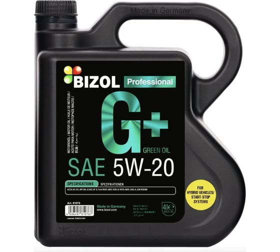 Моторное масло Bizol Green Oil+ 5W-20, SN, A1/B1, GF-5, 4 л, синтетическое 81076