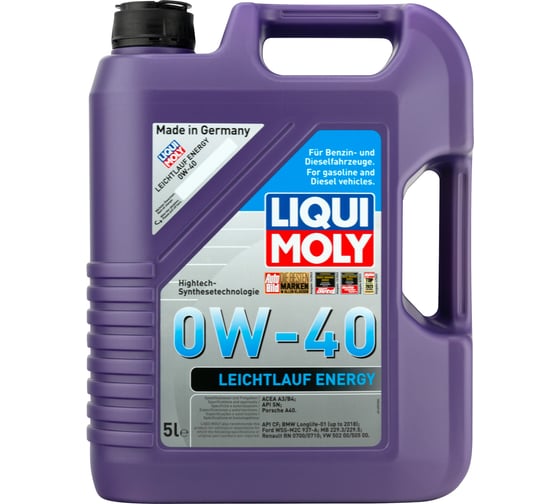 Моторное масло LIQUI MOLY Leiсhtlauf Energy синтетическое, 0W-40, SP, A3/B4, 5 л 21223