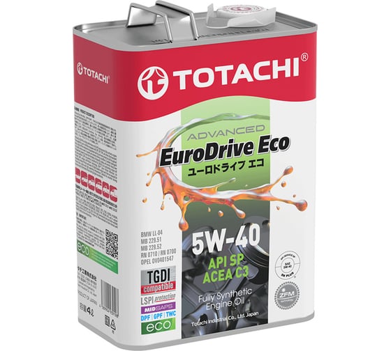 Синтетическое моторное масло TOTACHI EURODRIVE ECO Fully Synthetic 5W-40 API SP, ACEA C3 4л E6704 1