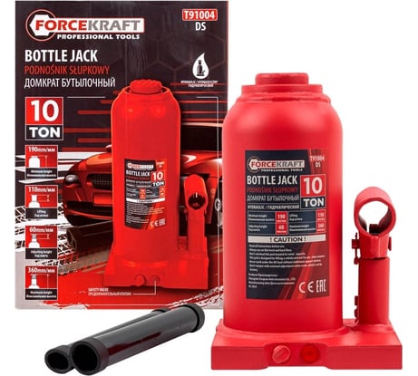 Гидравлический бутылочный домкрат Forcekraft 10т с предохранительным клапаном, минимальная высота: 190 мм, ход штока: 110 мм, ход винта: 60 мм FK-T91004 DS(26578)
