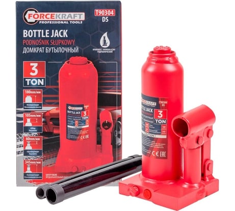 Гидравлический бутылочный домкрат Forcekraft 3 т, с предохранительным клапаном, минимальная высота: 180 мм, ход штока: 105 мм, ход винта: 60 мм FK-T90304/DS/(26571)