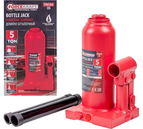 Гидравлический бутылочный домкрат Forcekraft 5 т ,с предохранительным клапаном, минимальная высота: 185 мм, ход штока: 115 мм, ход винта: 60 мм FK-T90504(DS)(26574) FK-T90504/DS/(26574)