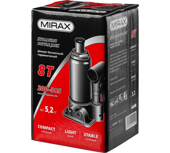 Гидравлический бутылочный домкрат MIRAX 8т, 200-385 мм 43260-8