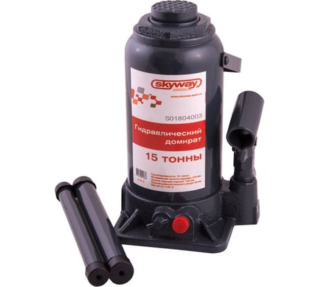Гидравлический бутылочный домкрат SKYWAY 15т h 225-425 мм с клапаном в коробке+сумка S01804003