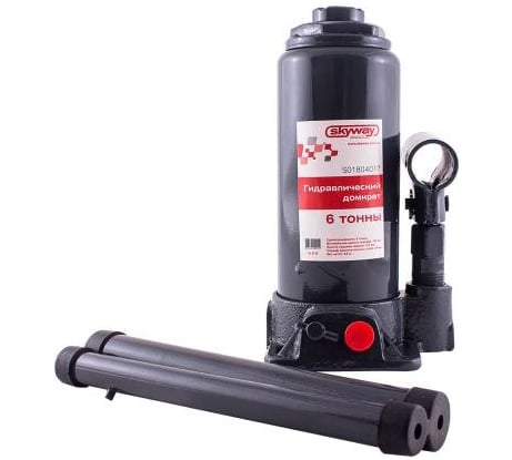 Гидравлический бутылочный домкрат SKYWAY 6т h 195-380 мм с клапаном в коробке+сумка S01804017