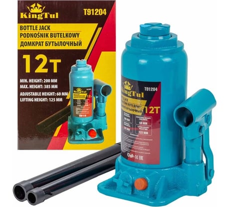 Домкрат бутылочный KingTul 12т с клапаном (h min 200мм, h max 385мм, ход штока-125мм, ход винта-60мм) KT-T91204(52685)