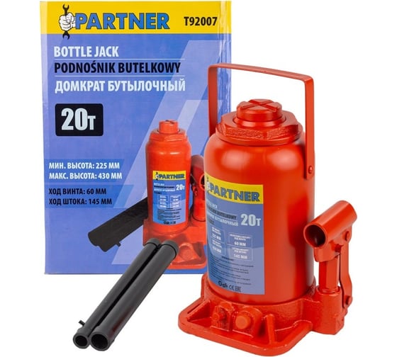 Домкрат бутылочный Partner 20т с клапаном h min-225мм, h max-430мм, ход штока-145мм, ход винта-60мм PA-T92007(52697) 1