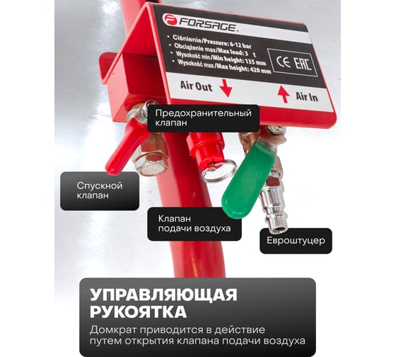 Домкрат подкатной пневматический Forsage 3т(6-12bar, h min 135мм, h max 420мм, 3 подушки, Ø270мм) F-YHQD-3WT-270A(47103)