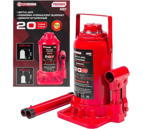 Бутылочный домкрат Forcekraft 20 т, с клапаном, h min 225мм, h max 425мм, ход штока-140мм, ход винта-60мм FK-T92004 MST(59147)