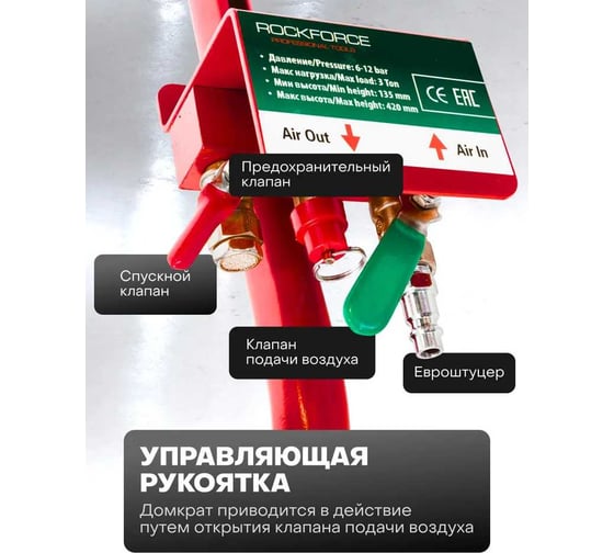 Подкатной пневматический домкрат Rockforce 3 т (6-12 bar, h min 135 мм, h max 420 мм, 3 подушки, Ø270 мм) RF-YHQD-3WT-270A(48278)