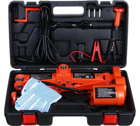 Домкрат электрический ЕРМАК 3 т, 12В, 120-420 мм, 100 Вт, в кейсе, х/б перчатки с ПВХ 743-006