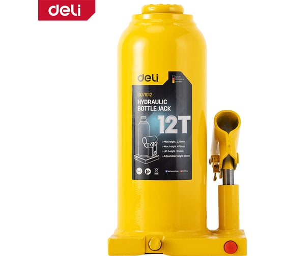 Домкрат бутылочный гидравлический 12т DQ71012 (высота подъема 235-470мм) DELI 130445
