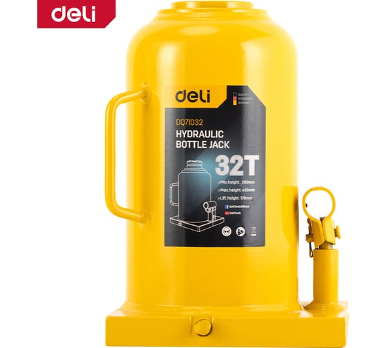 Домкрат бутылочный гидравлический 32т DQ71032 (высота подъема 260-430мм) DELI 130448